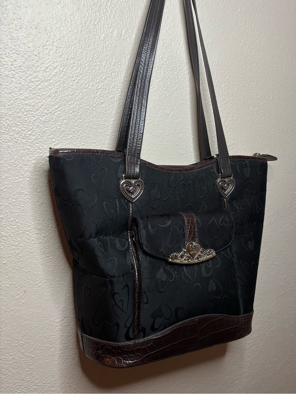 Y2K Black Heart Jacquard Shoulder Tote Bag Brown Faux Croc Trim McBling Coquette